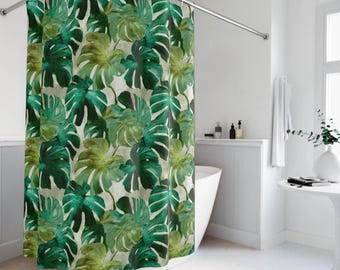 Monstera Leaf Shower Curtain, Tropical Botanical Bathroom Decor, Green Jungle Plant Pattern, Modern Nature Bath Curtain, Spa Style