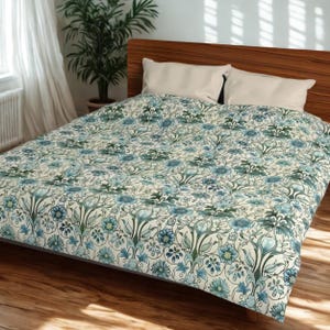 Duvet Cover, William Morris Inspired Blue Green Antique Floral Bedding, Vintage Botanical Aesthetic, Elegant Victorian Decor, Bedspread