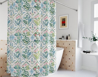 Preppy Shower Curtain | Grand Millennial Bathroom Decor | Girly Floral Wildflowers | Elegant Vintage Style | Chic Feminine Bathroom Curtain