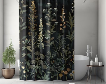 Moody Black Botanical Shower Curtain | Vintage Apothecary Herbs & Plants | Dark Academia Cottagecore | Eclectic Maximalist Bathroom Decor