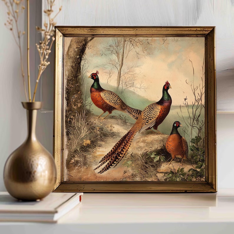 Vintage Pheasant Wildlife Hunter Cabin Decor Print, Fall Accent, Rustic Farmhouse Style, Pheasant Art, Matte Wall Art