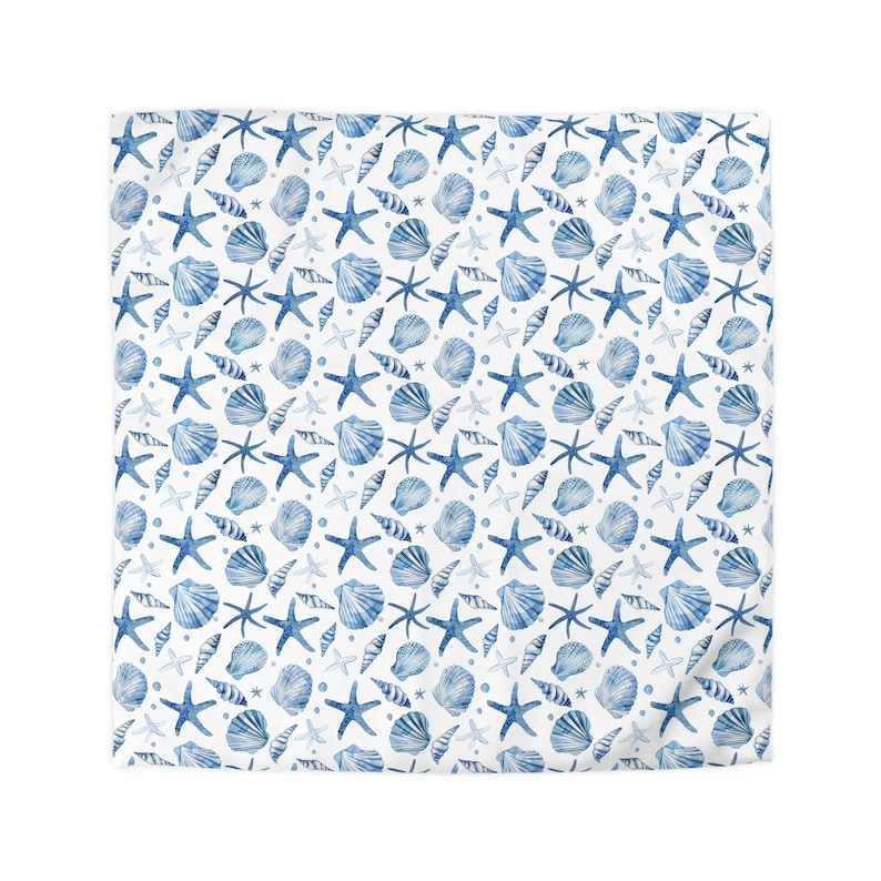 Watercolor Coastal Duvet Cover | Blue Seashells & Starfish | Minimal ...
