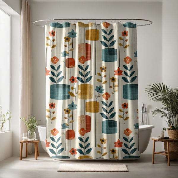 Mid Century Modern Retro Floral Shower Curtain, 50s MCM Cream, Teal, Mustard, and Rust Bath Decor