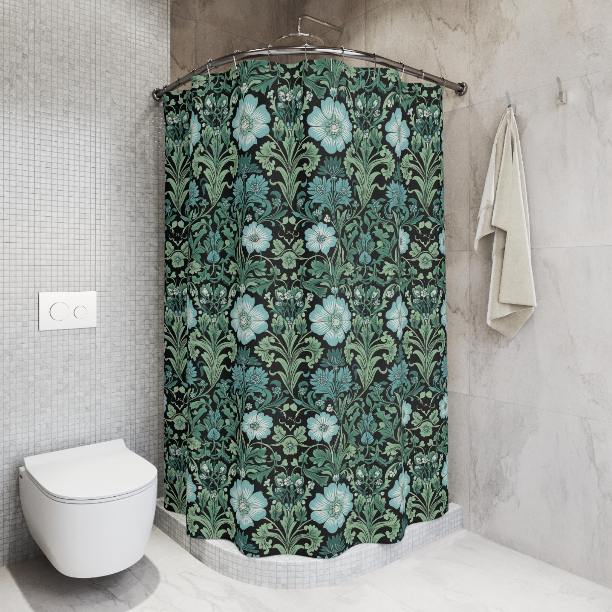 William Morris Inspired Shower Curtain | Black Blue Green Antique