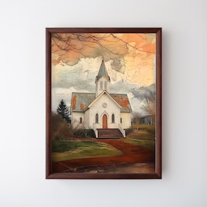 Vintage Country Church Wall Art, Rustic Home Decor, Vintage Church Print, Chapel Art Print, Farmhouse Wall Hanging