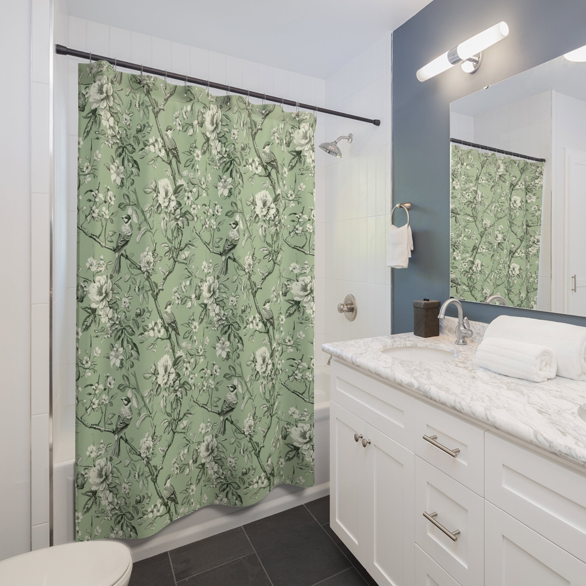 Oriental Toile Chinoiserie Shower Curtain - Yellow Grey Bird & Peony Pattern, Waterproof Polyester