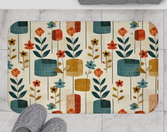 Mid Century Modern Retro Floral Bath Mat, 50s MCM Cream, Teal, Mustard, and Rust Bath Decor