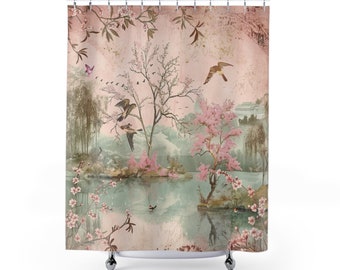 Chinoiserie Duschvorhang | Romantische Kirschblüte Vogel Landschaft | Antike Pastell Rosa Blumen | Vintage chinesische Kunst Badezimmerzubehör