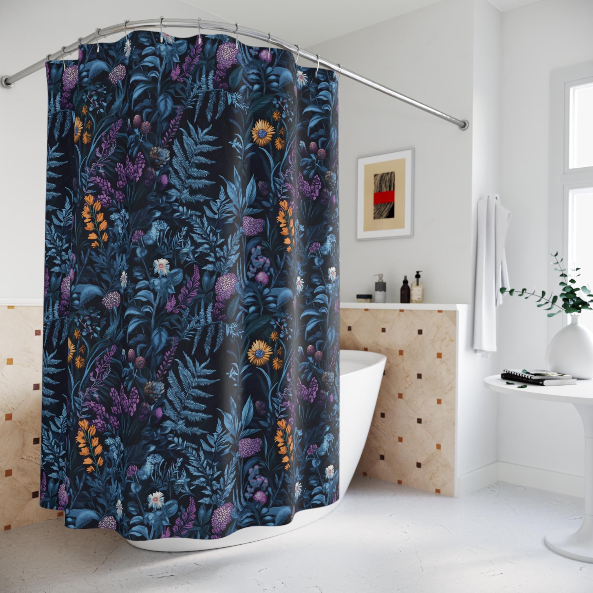 Tenda da doccia Moody Black Botanical / Erbe e piante da farmacia vintage / Cottagecore Dark Academia / Arredo bagno eclettico e massimalista - Italia