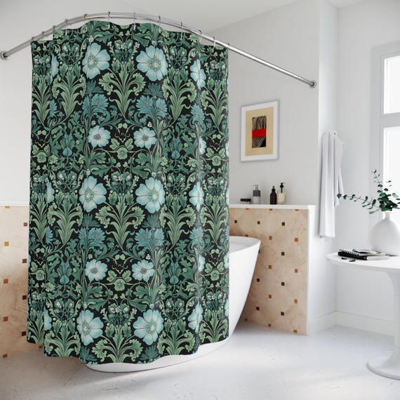 William Morris Inspired Shower Curtain | Black Blue Green Antique