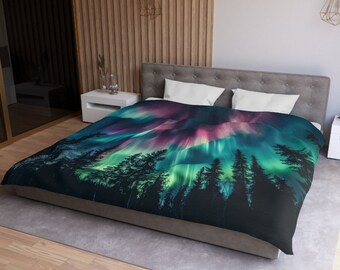 Northern Lights Aurora Borealis Duvet Cover Night Sky Celestial Colorful Duvet Blanket Cover Nature Forest Astral Bedroom Decor