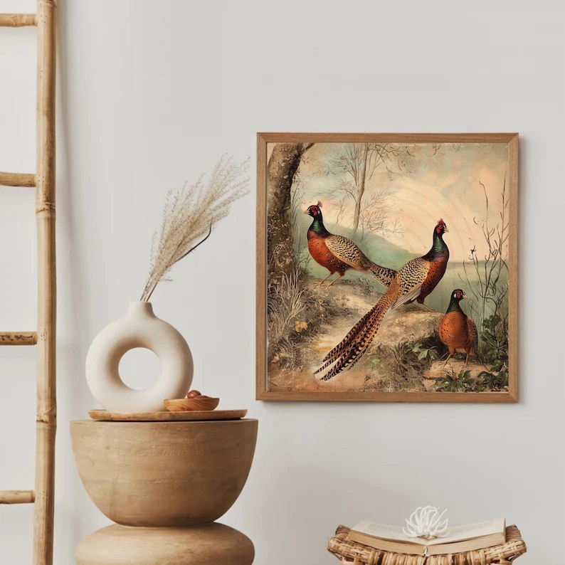 Vintage Pheasant Wildlife Hunter Cabin Decor Print, Fall Accent, Rustic Farmhouse Style, Pheasant Art, Matte Wall Art