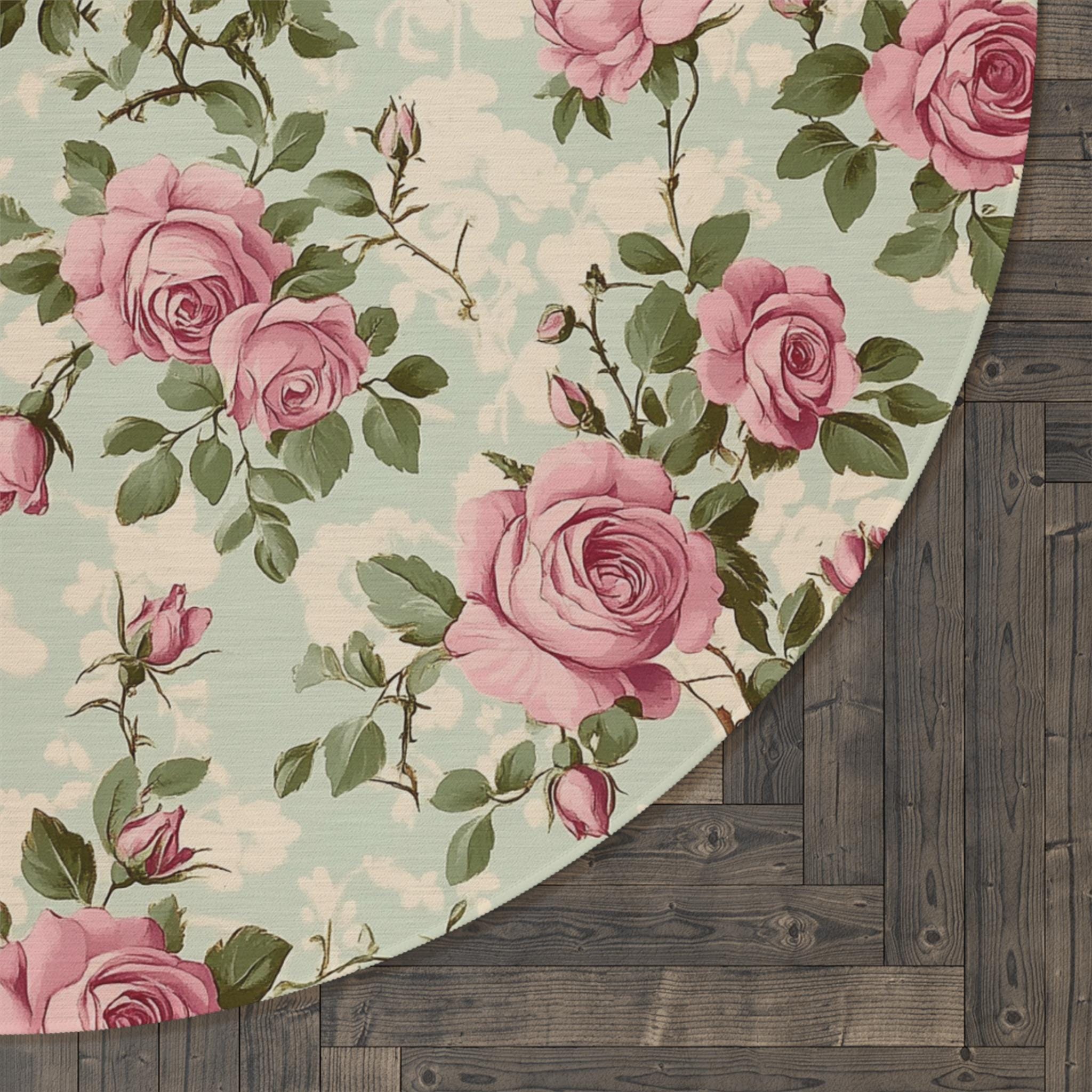 Vintage Victorian Pink Rose Round Area Rug 60