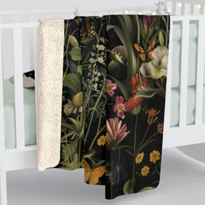 Dark Botanical Wildflower Sherpa Fleece Blanket | Gothic Floral Design | Flowers, Butterflies & Leaves | Cozy Nature-Inspired Home Decor