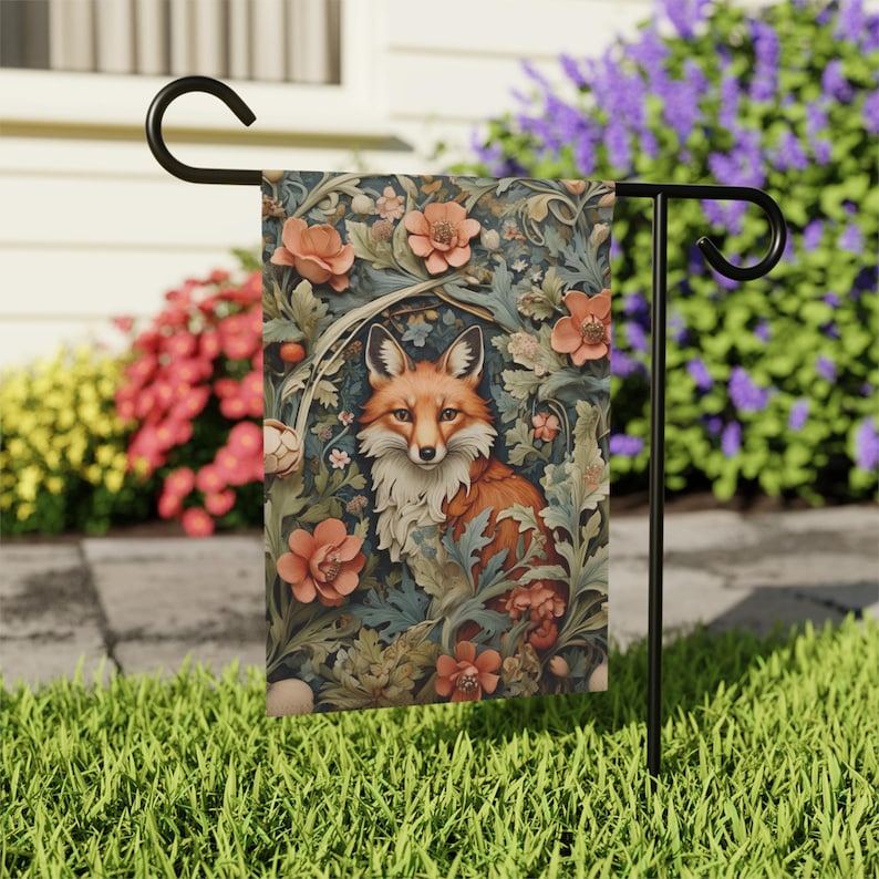 Botanical Fox Garden Banner, Outdoor Decor, Floral Home Flag, Nature Lover Gift, Fall Decor, Garden Party Decoration, Fox Lover Yard Sign