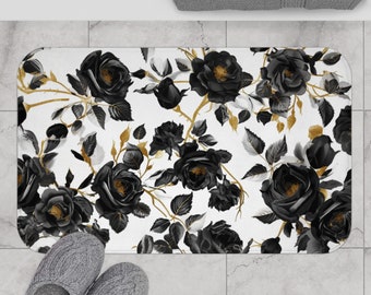 Moody Black Floral Bath Mat | Vintage Apothecary Botanical | Dark Academia Cottagecore | Black Roses Gold Maximalist Bathroom Decor