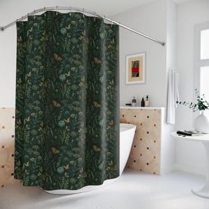 Dark Green Apothecary Shower Curtain | Vintage Cottagecore Floral Herbs & Plants | Moody Botanical | Eclectic Maximalist Bathroom Decor