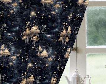 May include: A dark blue fabric with a repeating pattern of glowing mushrooms and stars. The mushrooms are white with gold accents and the stars are gold.