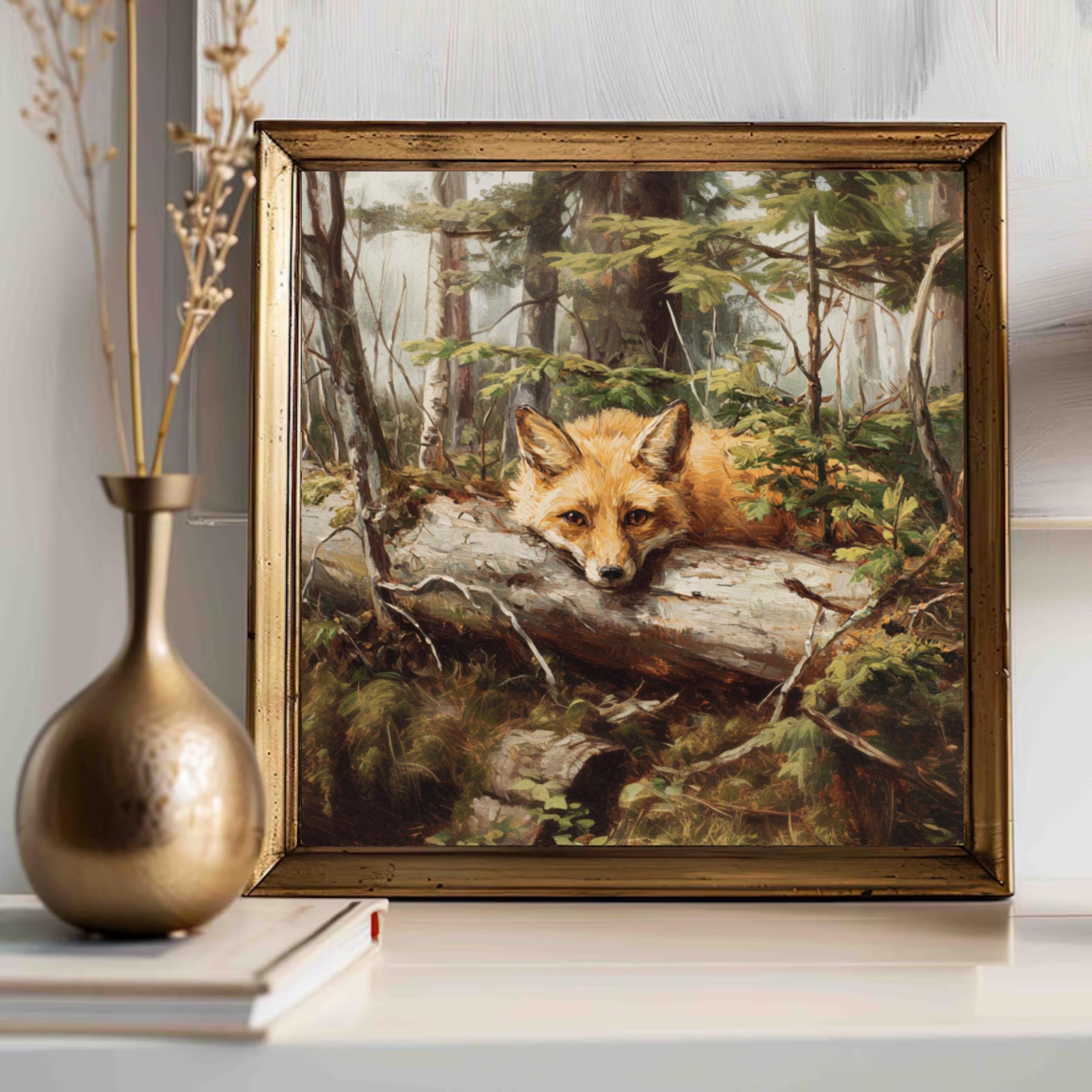 Rustic Fox Image Vintage Red Fox Art Print, Sleeping Forest Animal Painting, Rustic ...