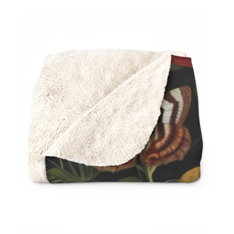 Dark Botanical Wildflower Sherpa Fleece Blanket | Gothic Floral Design | Flowers, Butterflies & Leaves | Cozy Nature-Inspired Home Decor
