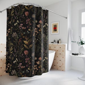 Dark Apothecary Black Shower Curtain | Vintage Cottagecore Floral Herbs & Plants | Moody Botanical | Eclectic Maximalist Bathroom Decor