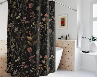 Dark Apothecary Black Shower Curtain | Vintage Cottagecore Floral Herbs & Plants | Moody Botanical | Eclectic Maximalist Bathroom Decor