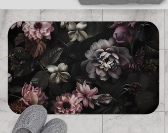Stimmungsvolle schwarze Badematte Botanische Vintage Badematte Apotheker Dark Americana Cottagecore Badematte Boho Badezimmer Dekor Floral Badematte