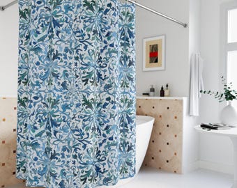 William Morris-inspirerad duschdraperi | Blåvit antik blommig | Vintage botanisk badrumsinredning | Elegant viktoriansk stil