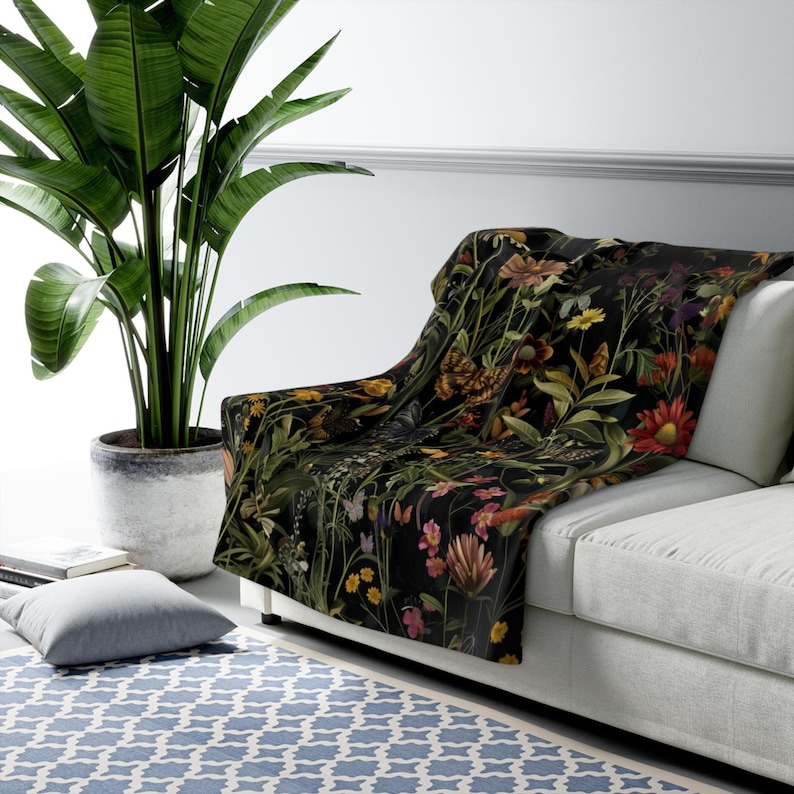 Dark Botanical Wildflower Sherpa Fleece Blanket | Gothic Floral Design | Flowers, Butterflies & Leaves | Cozy Nature-Inspired Home Decor