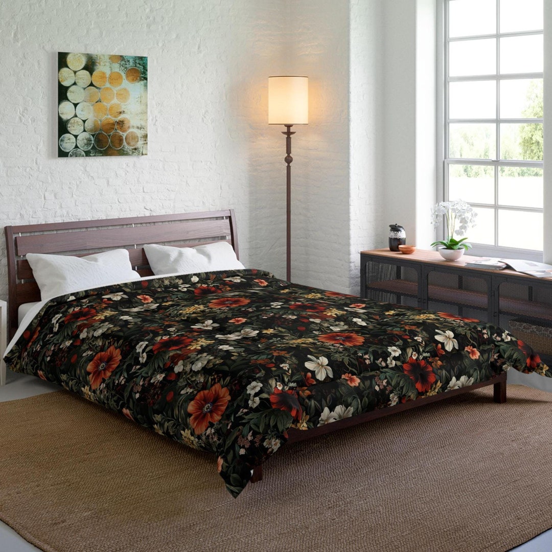 Dark Moody Cottagecore Comforter Black Vintage Apothecary Floral