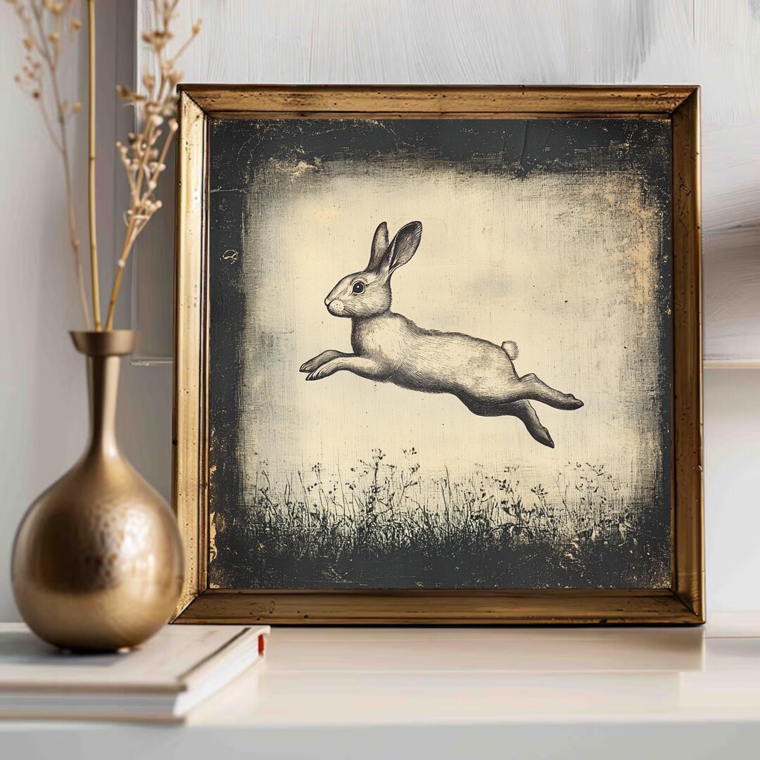 Rustic Print Rabbit Vintage Leaping Rabbit Wall Art Print, Rustic Farmhouse Decor, Antique ...