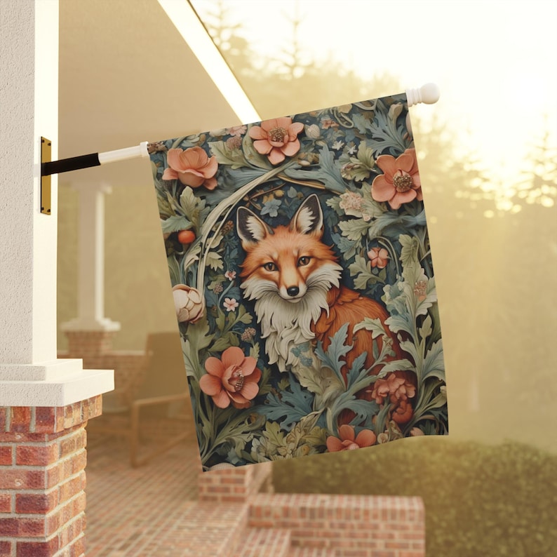 Botanical Fox Garden Banner, Outdoor Decor, Floral Home Flag, Nature Lover Gift, Fall Decor, Garden Party Decoration, Fox Lover Yard Sign