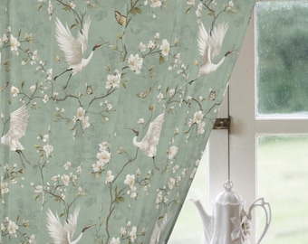 Chinoiserie Crane Blackout Curtain, Sage Green Floral Drapes, Vintage Bird Blossom Window Panel, Oriental Garden Room Decor (1pc), 50"x84"