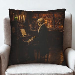Skeleton Pianist Throw Pillow Cover, Gothic Victorian Bar Cushion, Spooky Music Room Decor, Moody Candlelit Saloon, Dark Academia Accent
