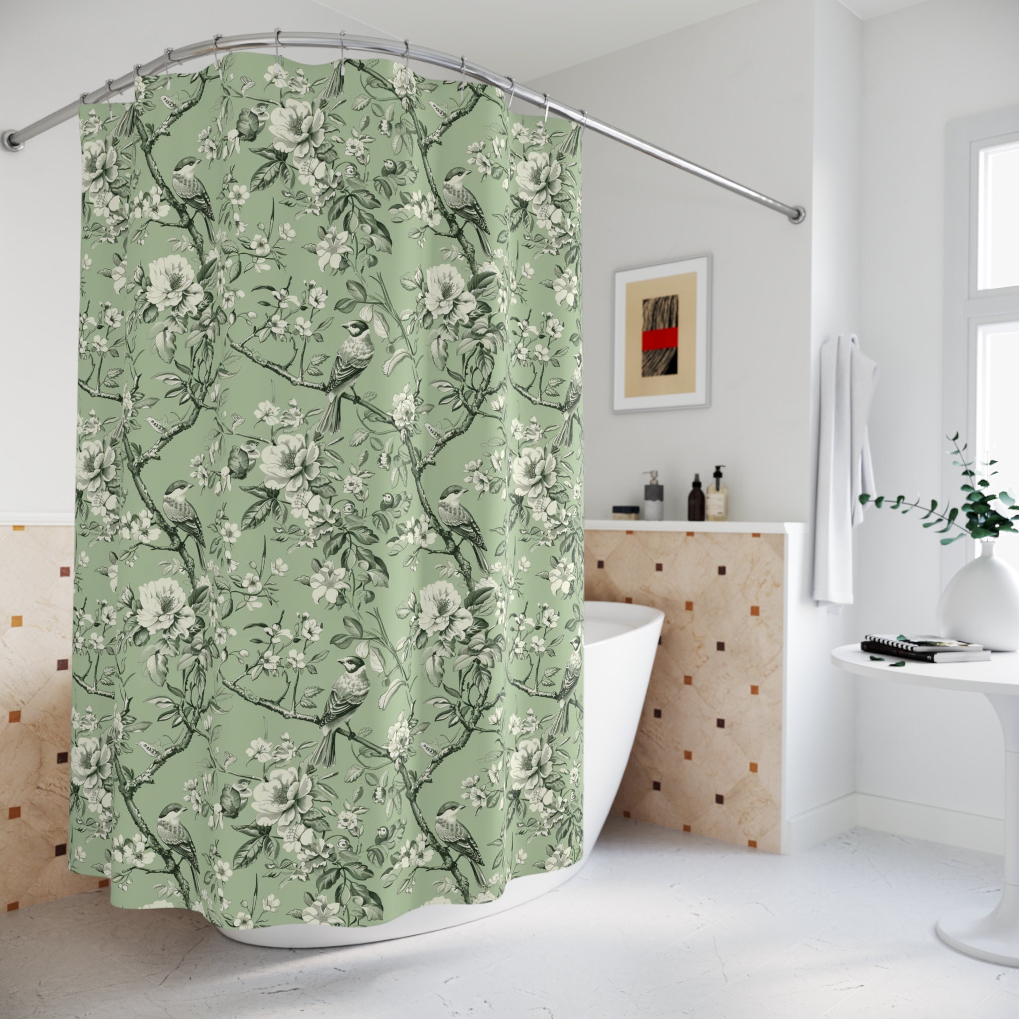 Green Toile Chinoiserie Birds Shower Curtain | Vintage Botanical Bathroom Decor | Elegant Floral Bird Design | Classic Green Toile Fabric