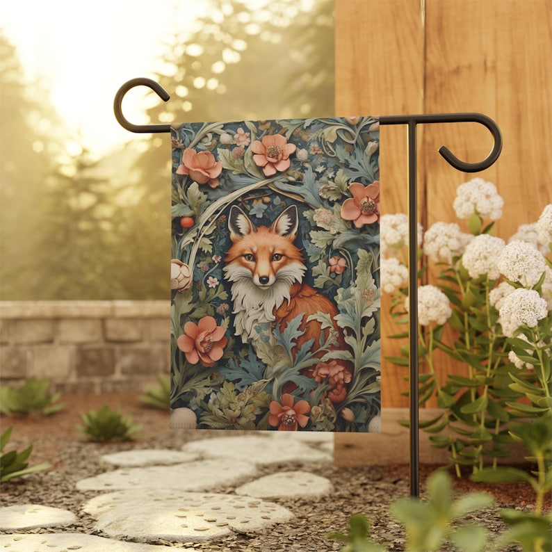Botanical Fox Garden Banner, Outdoor Decor, Floral Home Flag, Nature Lover Gift, Fall Decor, Garden Party Decoration, Fox Lover Yard Sign