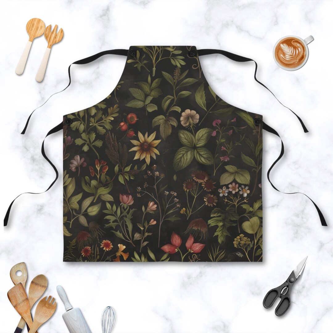Dark Academia Apron | Black Apron Vintage Apothecary Herbs Plants ...
