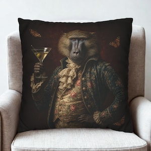 Baboon Cocktail Throw Pillow Cover, Victorian Monkey Portrait Cushion, Gothic Bar Decor, Vintage Martini Accent, Surreal Animal Gift