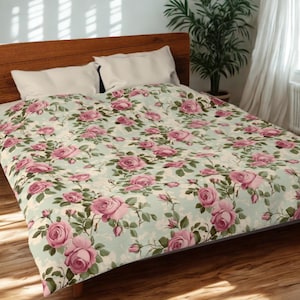 Vintage Pink Rose Duvet Cover |Cottagecore Floral Bedding |Romantic Shabby Chic Bedroom Decor |Pretty Botanical Blanket |Farmhouse Aesthetic