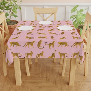 Retro Leopard Tablecloth | Boho Vintage Tablecloth | Blush Pink Exotic Jaguar Jungle Cat | Colorful 60s 70s Maximalist Decor