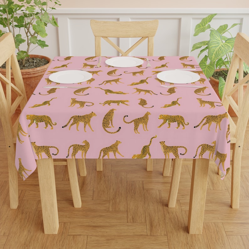 Retro Leopard Tablecloth | Boho Vintage Tablecloth | Blush Pink Exotic Jaguar Jungle Cat | Colorful 60s 70s Maximalist Decor