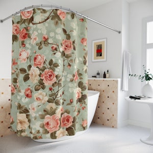 Pink Bold Roses Shabby Chic Shower Curtain | Vintage Floral Bathroom Decor | Romantic Cottagecore Style | Country Garden Rose Print | 71x74&quot;