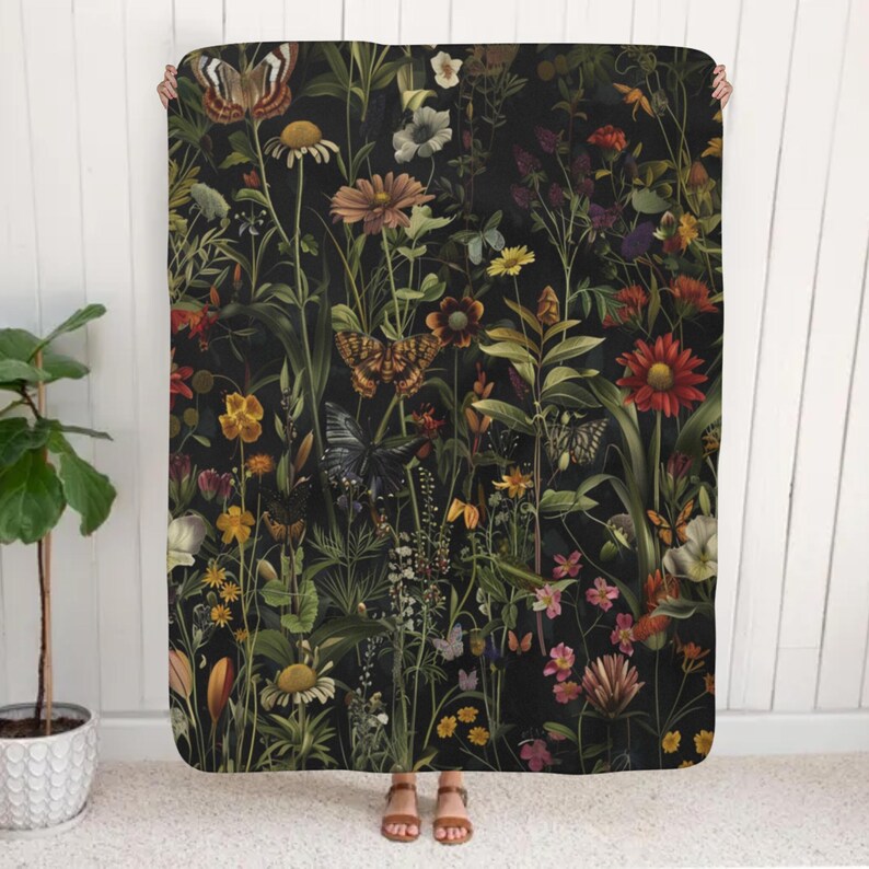 Dark Botanical Wildflower Sherpa Fleece Blanket | Gothic Floral Design | Flowers, Butterflies & Leaves | Cozy Nature-Inspired Home Decor