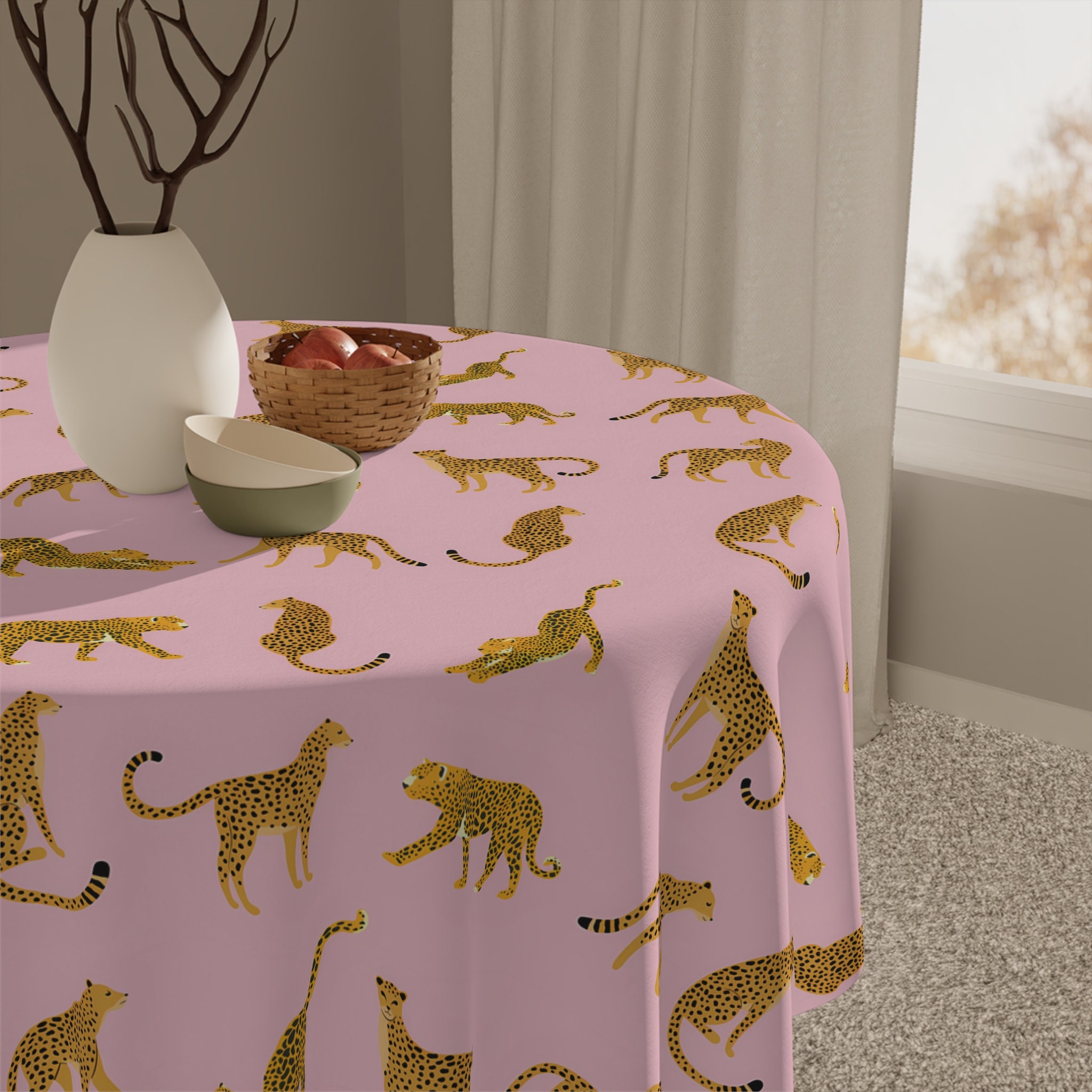 Retro Leopard Tablecloth | Boho Vintage Tablecloth | Blush Pink Exotic Jaguar Jungle Cat | Colorful 60s 70s Maximalist Decor