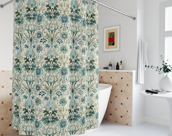 William Morris Inspired Shower Curtain | Blue Green Antique Floral | Vintage Botanical Bathroom Decor | Elegant Victorian Style | 71x74 In