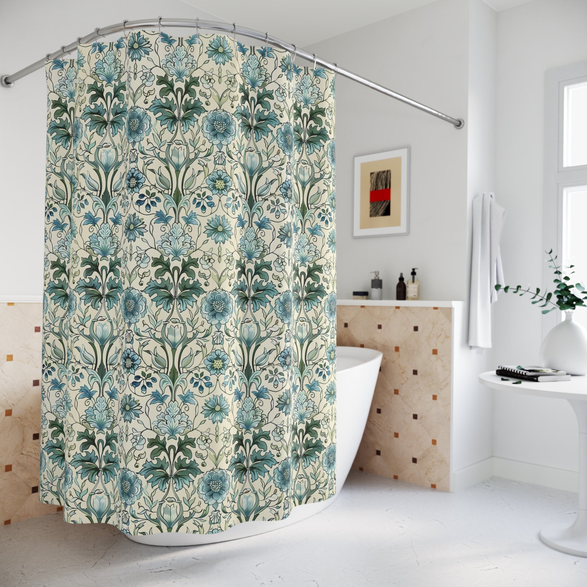 William Morris Inspired Shower Curtain | Blue Green Antique Floral