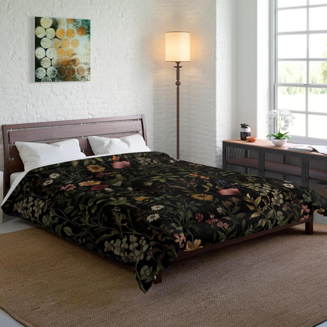 Dark Academia Cottagecore Comforter Black Vintage Apothecary Herbs
