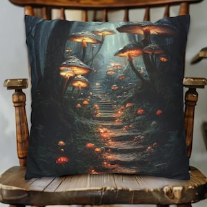 May include: A dark forest scene with a stone path leading up a hill. The path is lined with glowing mushrooms of various sizes and colors. The scene is illuminated by the glow of the mushrooms, creating a magical and whimsical atmosphere.