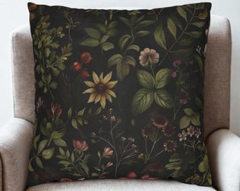 Moody Botanical Black Throw Pillow Cover | Dark Academia Floral Cottagecore | Vintage Apothecary Herbs & Plants | Eclectic Maximalist Decor