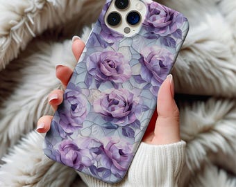 Custodia per telefono resistente con motivo floreale viola a vetrata, regalo vintage con arte floreale di fiori selvatici, compatibile con iPhone 13 14 15 16 17 e Samsung, cover protettiva rigida.